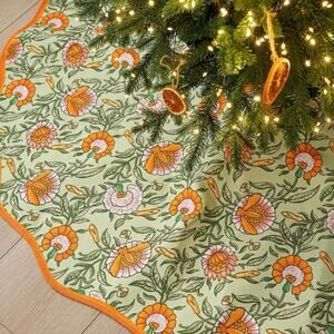 45" Bohemian Scalloped Vintage Style Tree Skirt Rustic Floral Christmas Canvas